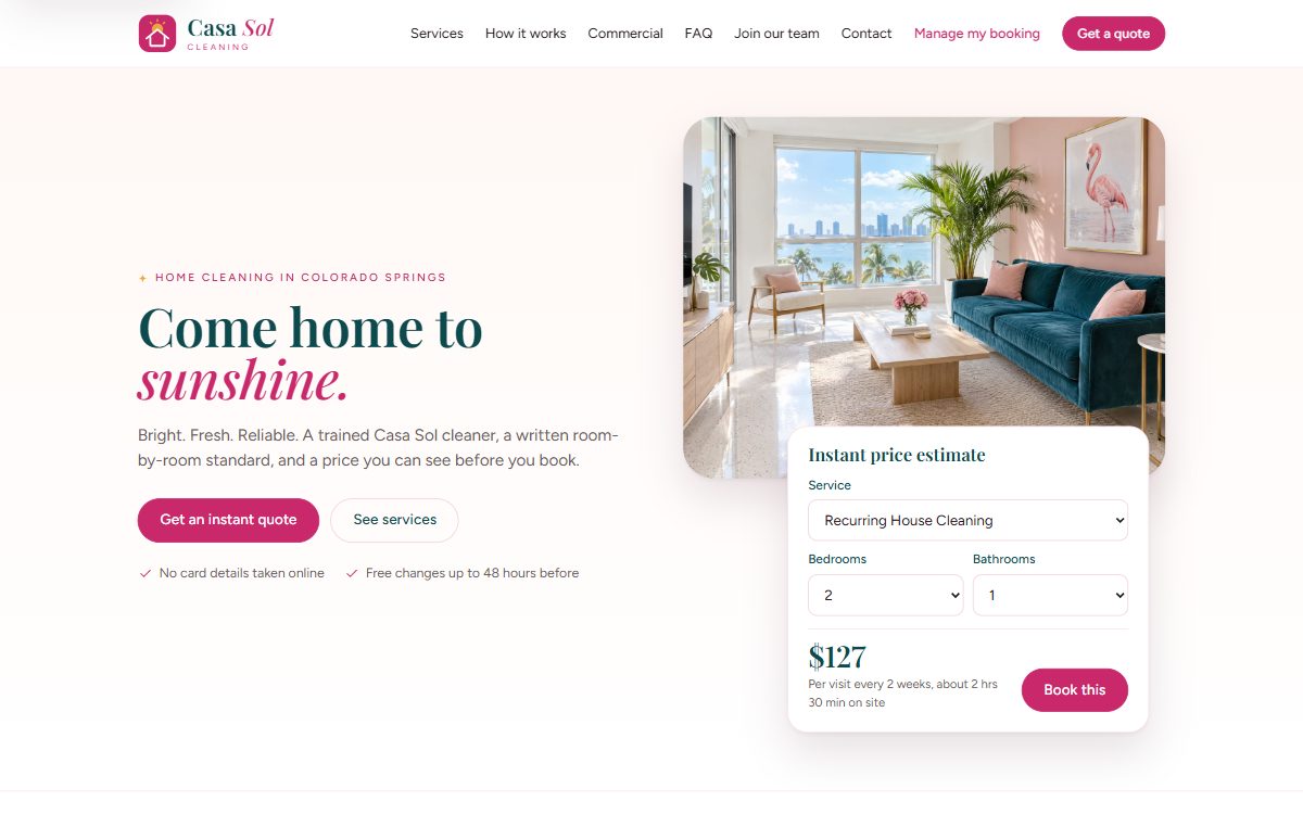 Casa Sol Cleaning home page with an instant price estimate