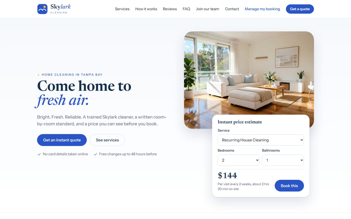 Skylark Cleaning website, a Cornerstone build, with instant price estimates